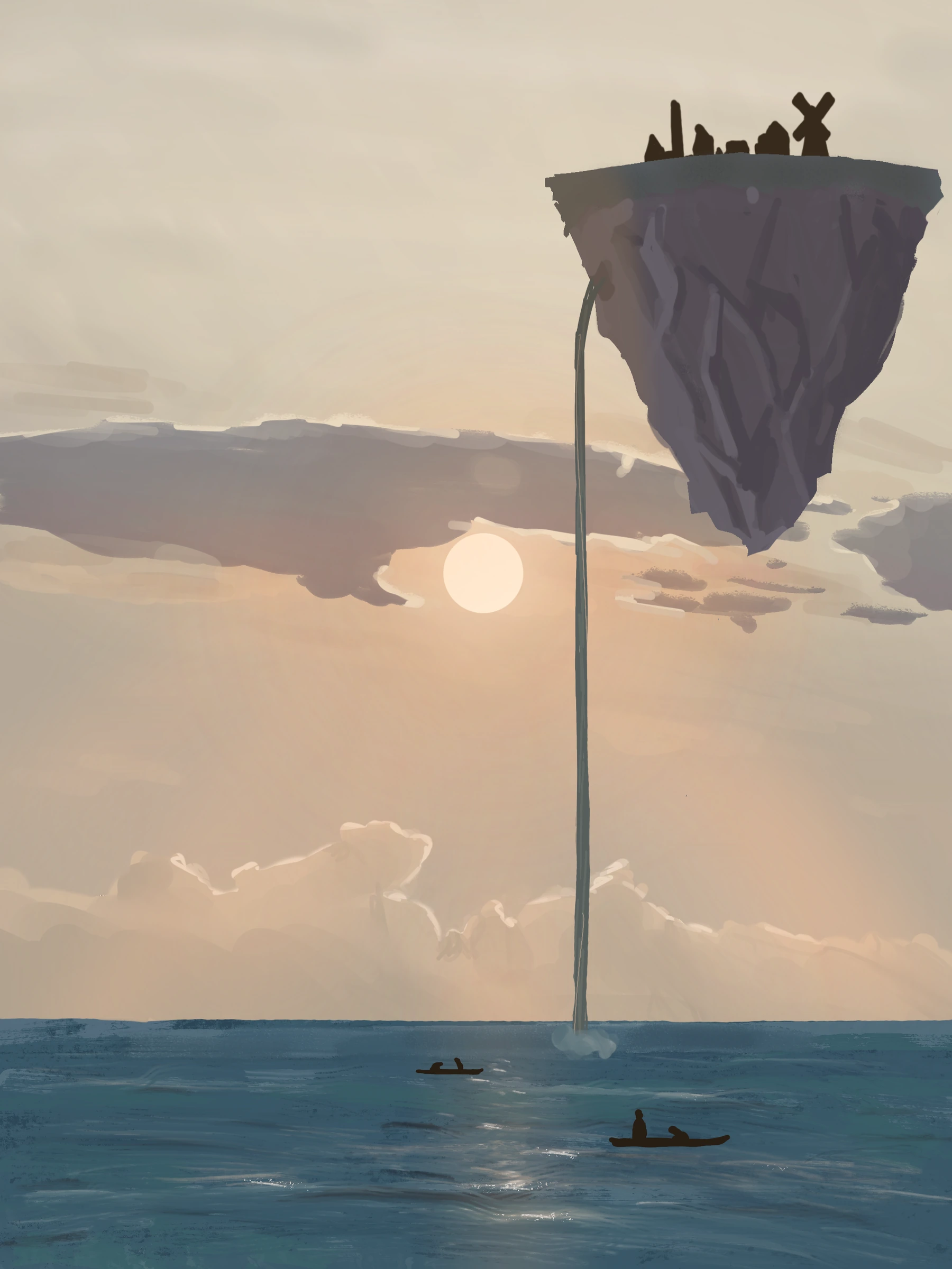 Digital painting: a floating island pouring a waterfall into the sea at sunset, with two small boats below.