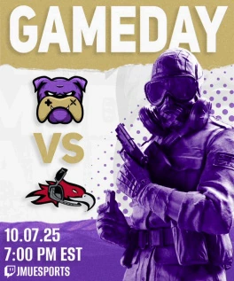 Gameday graphic: JMU Esports bulldog versus an opposing team logo, with date and start time