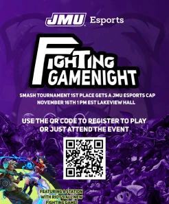 Fighting Gamenight flyer with tournament details and a QR code to register