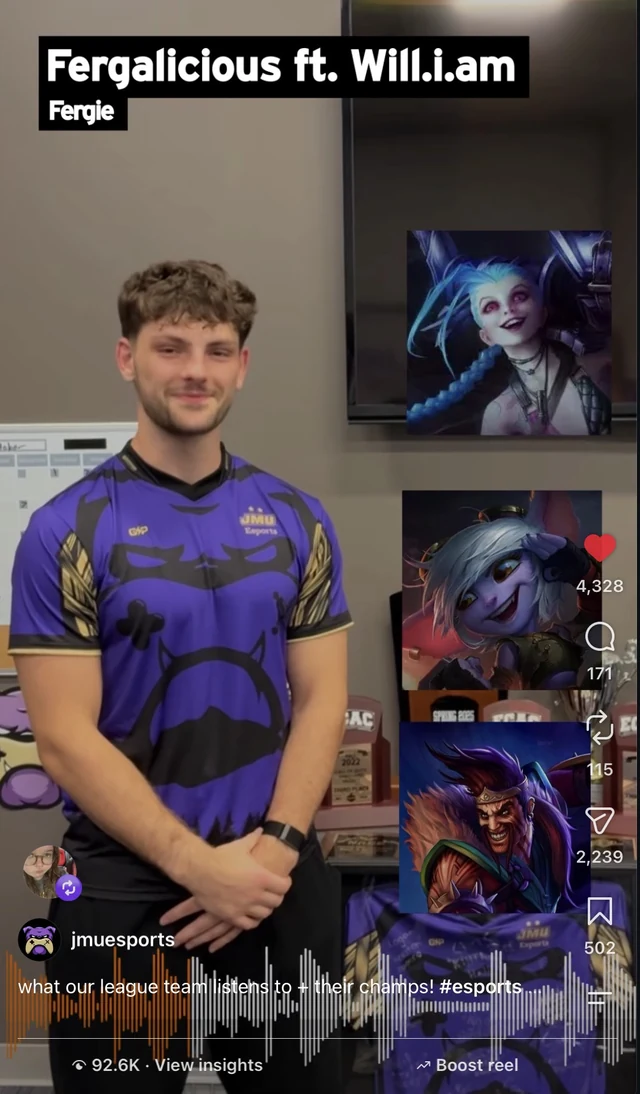 Instagram reel from the JMU Esports account showing a League team member, with 92.6K views