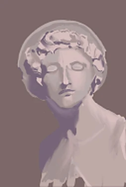 Digital painting of a classical marble bust in muted mauve light