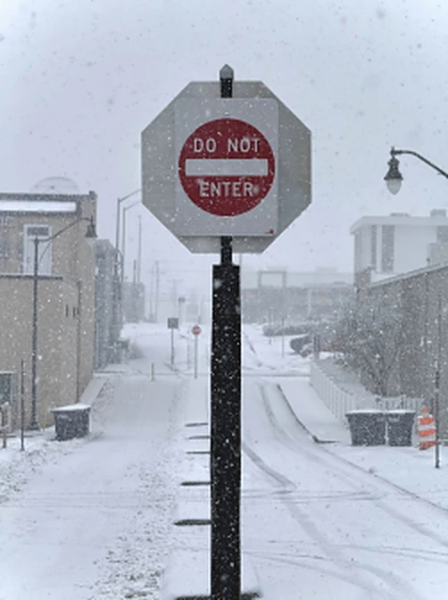 Photograph of a Do Not Enter sign on an empty street during snowfall
