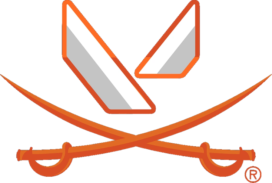 Final mark: Valorant&rsquo;s angular V above UVA&rsquo;s crossed sabers, in UVA navy and orange